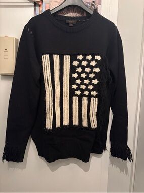 Coach Black Crewneck Sweater with Cream American Flag Patch and Fringe